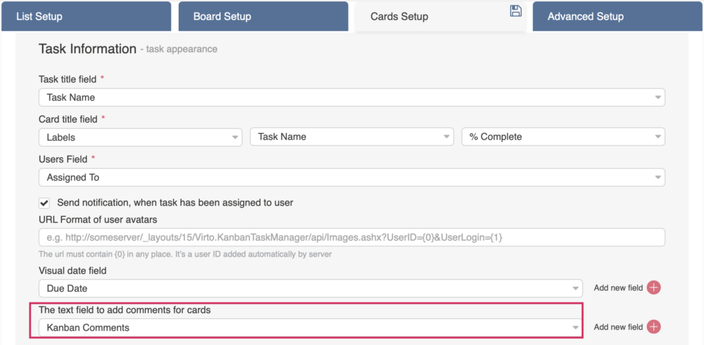 KanbanComments field included by default in the source list of a quick Virto Kanban Board
