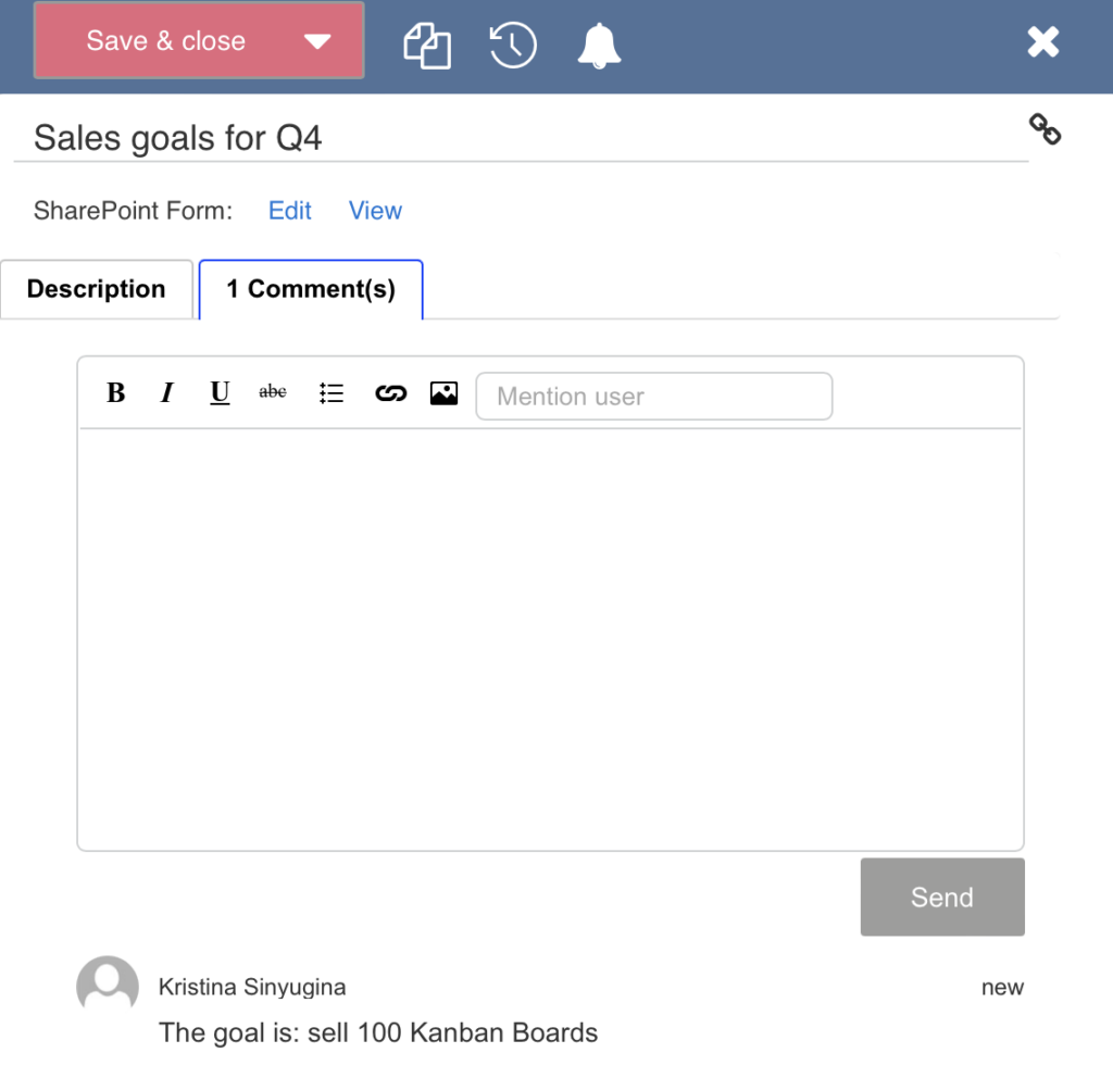 Comments tab opened on a Kanban task next to the Description tab