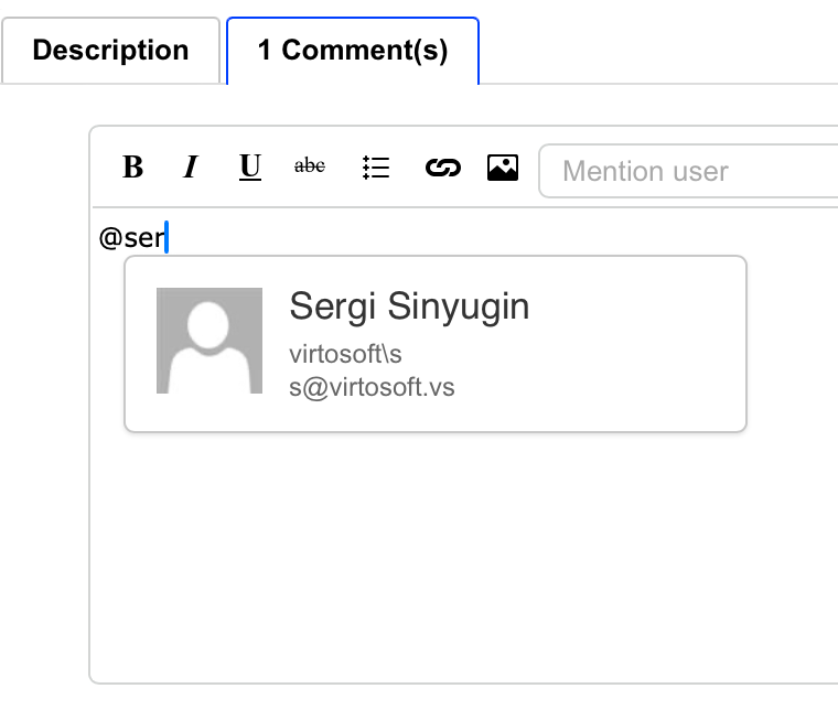 Mentioning a user in a Kanban task comment by typing the @username
