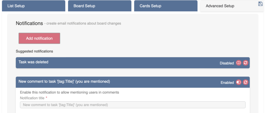 Enabling the comment mention notification under Advanced Setup, Notifications, Suggested Notifications