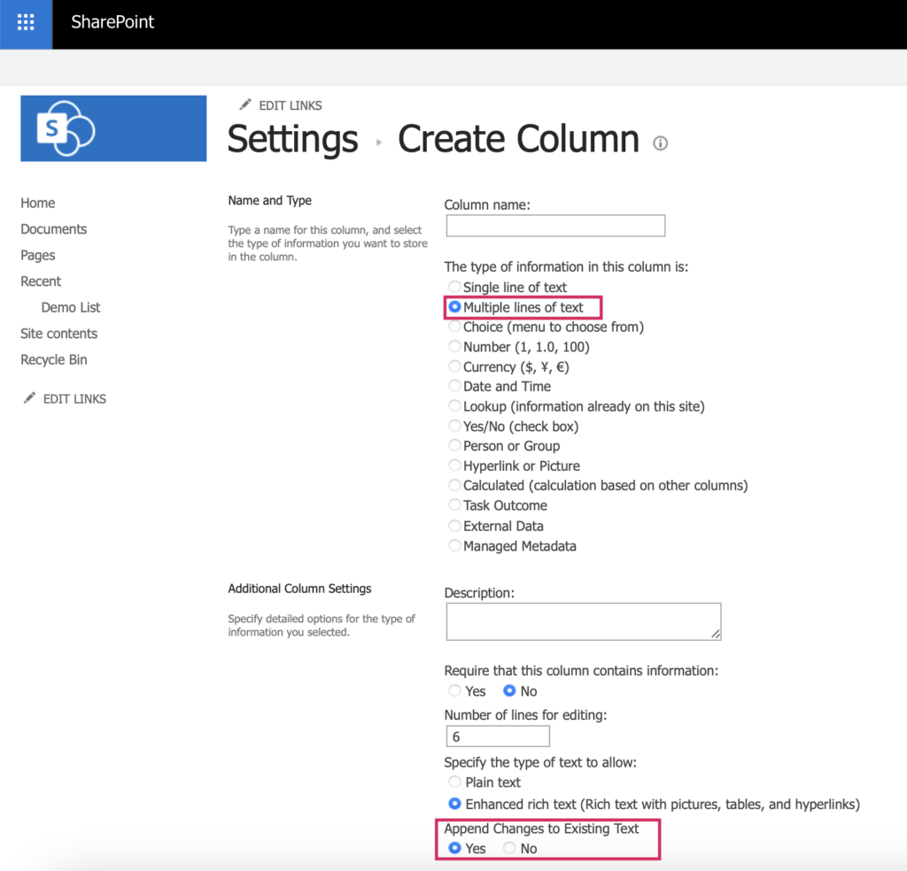 Creating a Multiple lines of text column with Append Changes to Existing Text set to Yes for comments