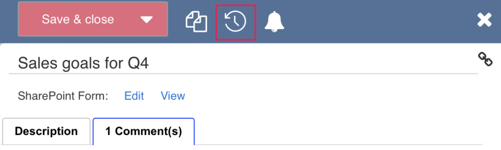 History icon on a Kanban task used to view the item version history