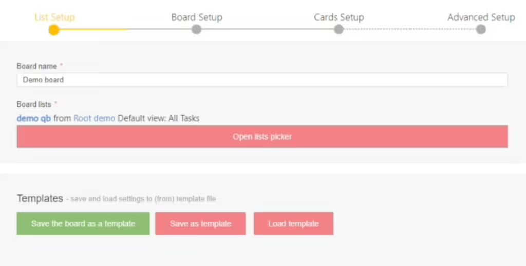 Virto Kanban Board settings with List, Board, Cards, and Advanced Setup blocks for the new board