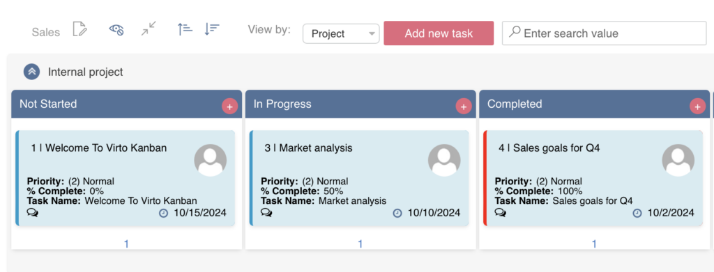 Add new task button on the Virto Kanban Board for adding an item to the board