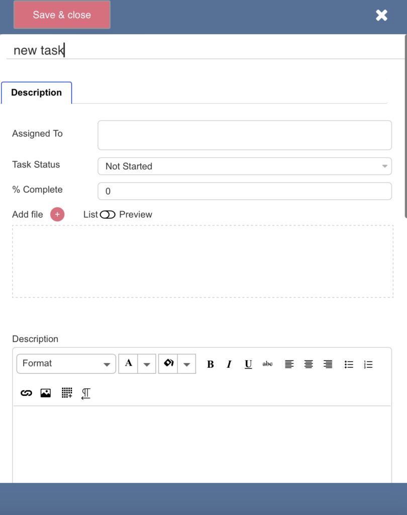 Virto Kanban task creation form with required fields to fill in for a new task