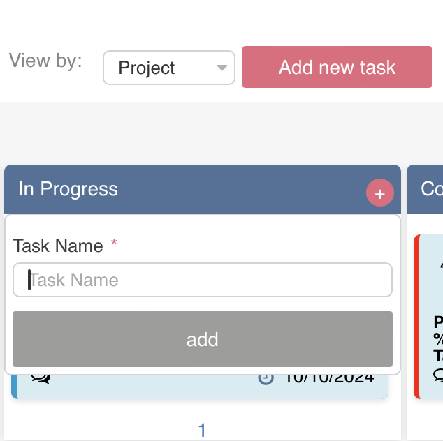 Plus button in a Virto Kanban bucket for quickly adding a task with that status