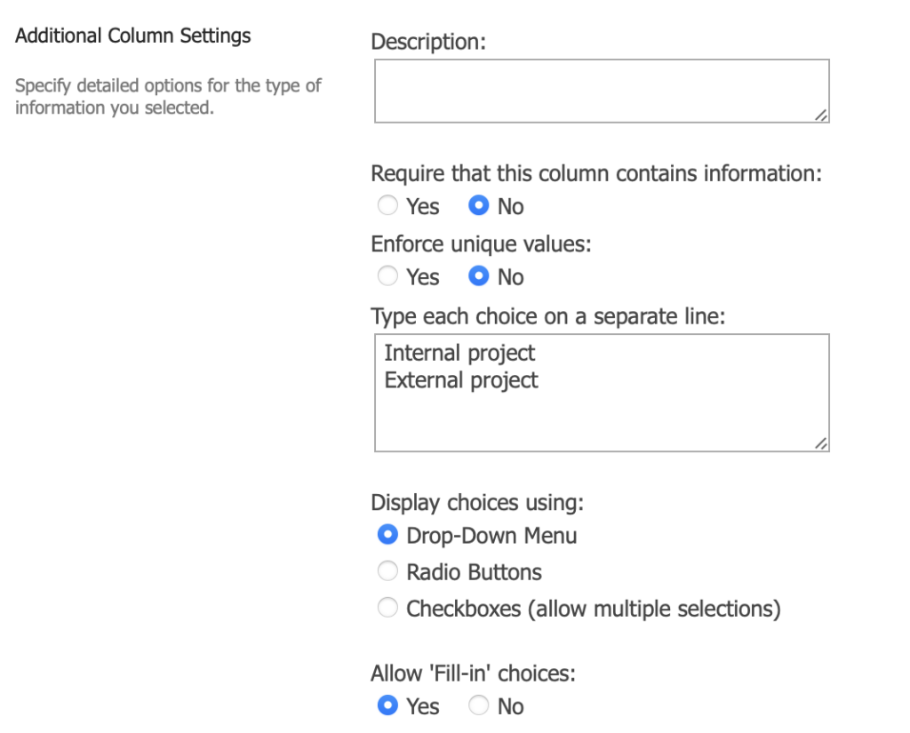 Step 3 selecting Yes for the Allow Fill-in choices setting on a SharePoint column
