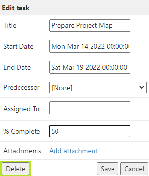 Delete button on the task edit form in the Virto Gantt Chart app for removing a task