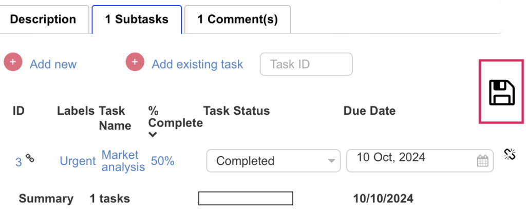 Editing a subtask in the Subtasks tab of a Virto Kanban parent card with the Save button beside it