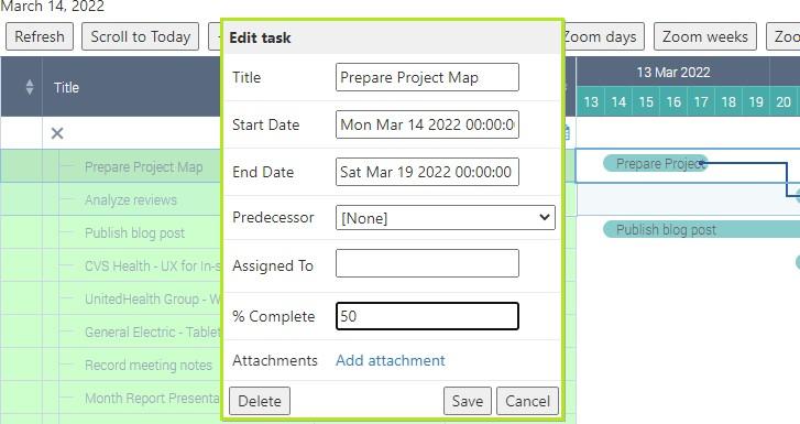 Task editing form in the Virto Gantt Chart app with a Delete button for the selected task