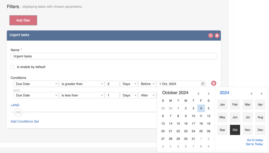Calendar option choosing a specific date with the date picker as a filter condition