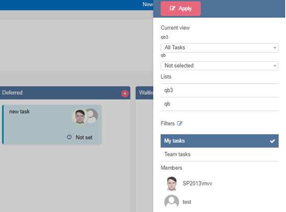 Selecting a filter and clicking Apply from the Filters menu on the Virto Kanban Board