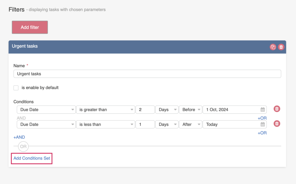 Add Conditions Set adding another condition group within a single filter in Virto Kanban Board