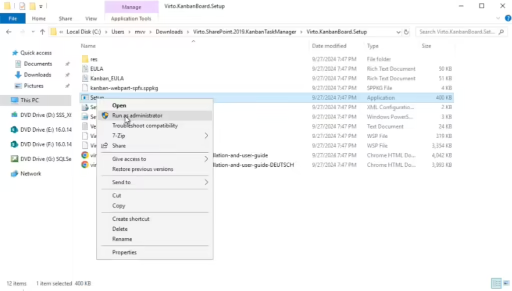 Running the Virto Kanban Board SPFx Setup file as administrator to install the sppkg package