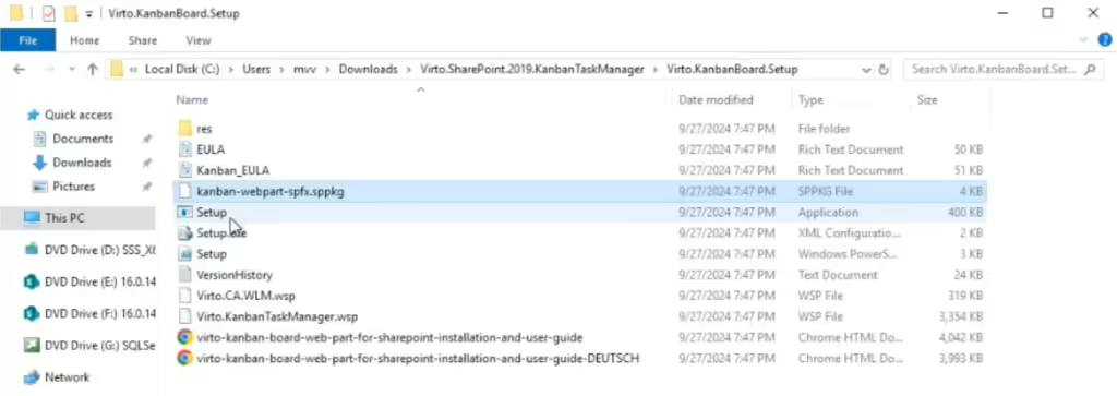 Running the extracted Virto Kanban Board Setup file to launch the installation program