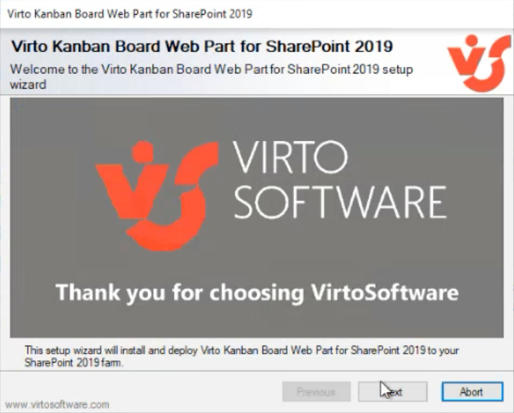 Virto Kanban Board setup wizard welcome window at the start of installation