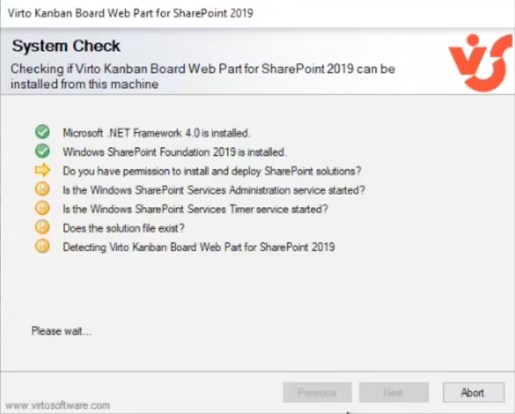 Setup wizard system check completed before installing the Virto Kanban Board web part