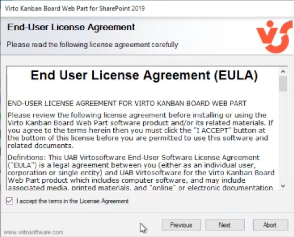 Accepting the License Agreement terms in the Virto Kanban Board setup wizard