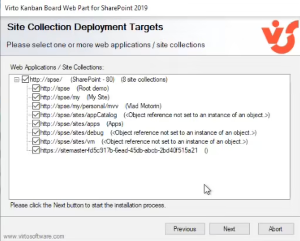 Selecting the web applications and site collections to install the Kanban Board web part on