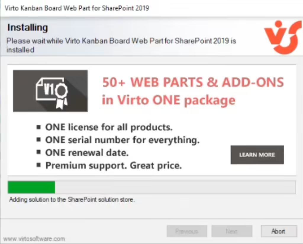 Virto Kanban Board setup wizard installation progress before clicking Close to finish