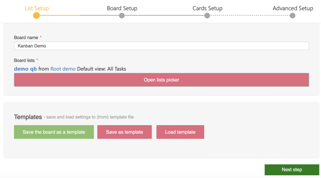 List Setup tab with the board name field and Open lists picker button in Virto Kanban Board