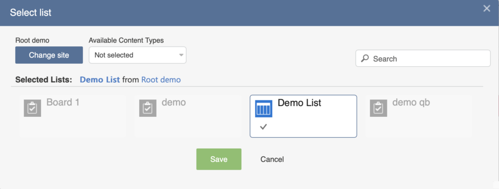 List picker for selecting one or more SharePoint lists to display on the Kanban board