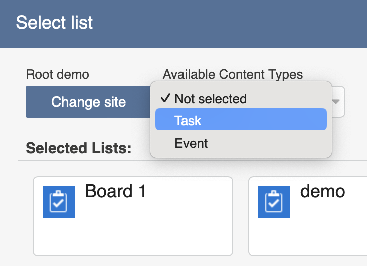 Available Content Types drop-down listing the lists that contain the selected content type