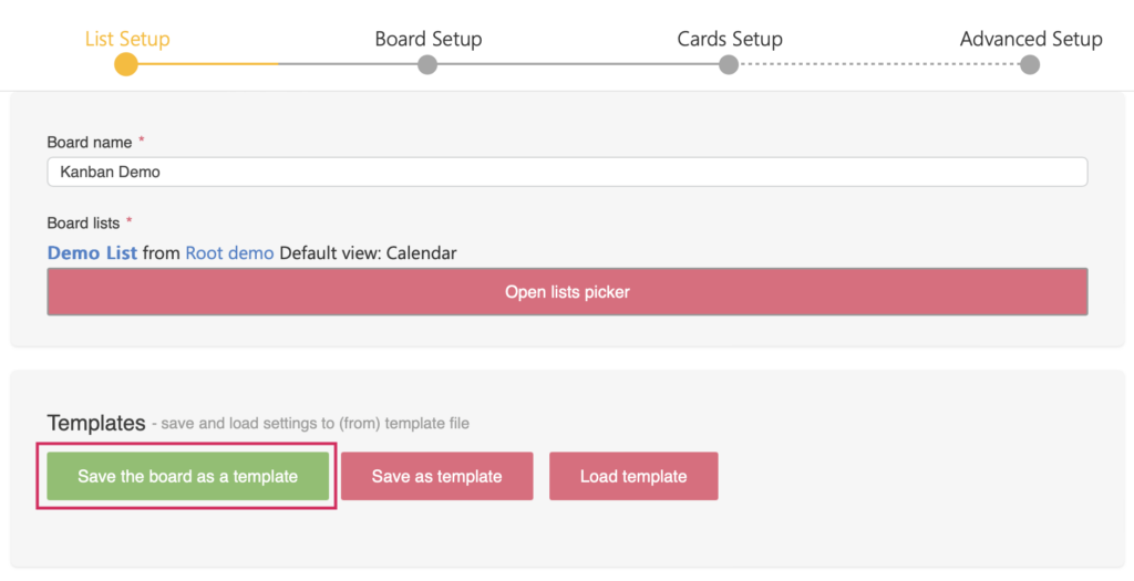 Templates section of the List Setup tab with the Save the board as a template option