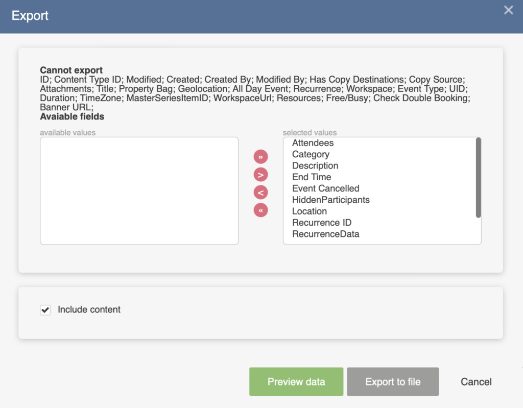 Selecting which list fields to include when exporting a Virto Kanban Board template