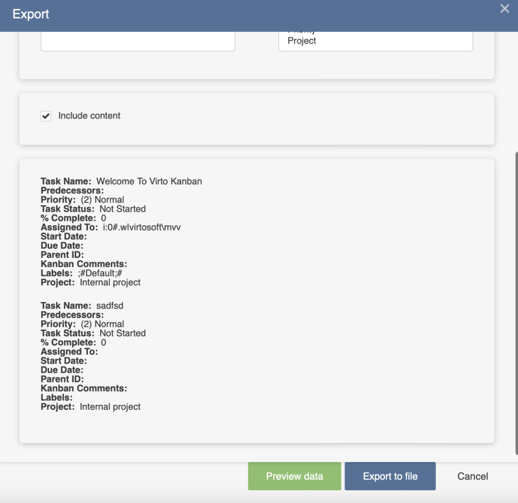 Preview data view showing the board content that will be saved into the template file