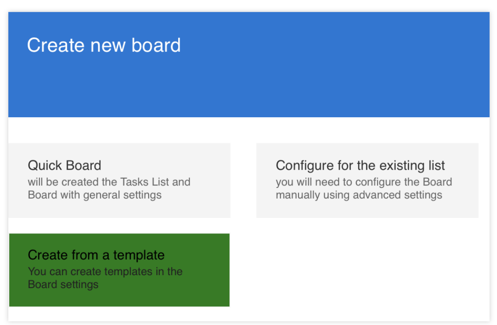 Create from a template option on the Virto Kanban Board web part page for a new board