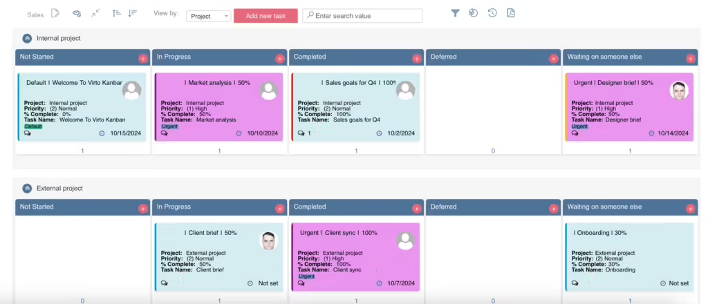 Virto SharePoint Kanban Board displaying tasks arranged in columns and rows by their values