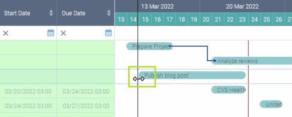 Dragging the end of a task bar to change its duration in the Virto Gantt Chart app