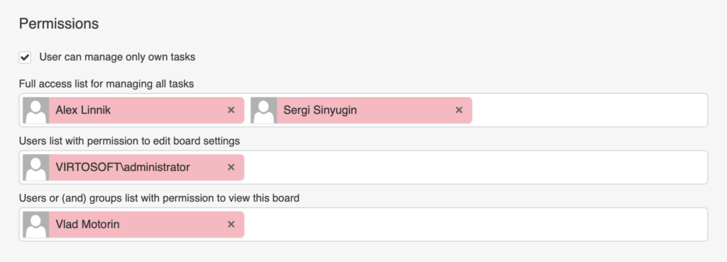 Permission settings in Virto Kanban Board controlling who can change the view, edit settings, and manage tasks