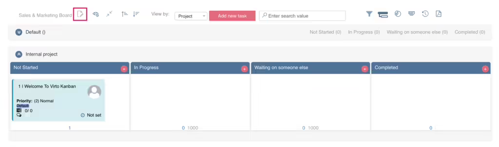 New Virto Kanban quick board with a default task and basic columns, plus the edit icon by the board name