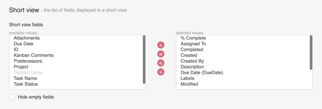 Short view settings ordering the fields shown in the Virto Kanban Board task tooltip