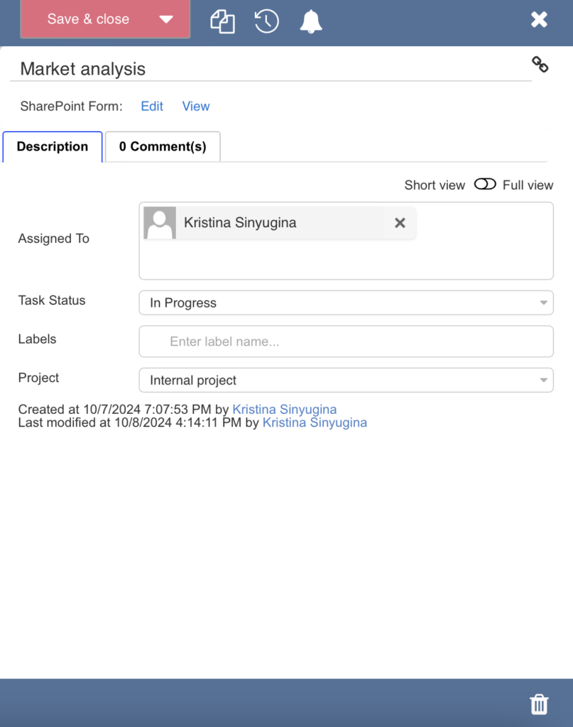 Virto Kanban Board task short view pop-up with a toggle to switch to the full edit form