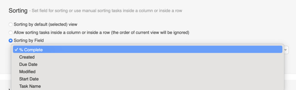 Sorting by field option arranging Kanban tasks in ascending or descending order by a chosen field