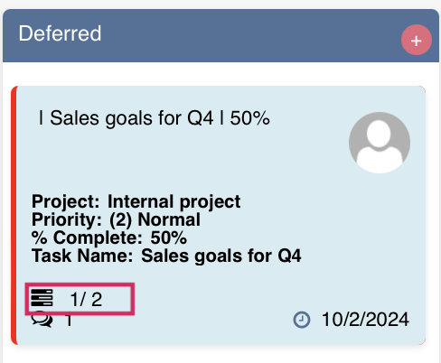 Subtask counter showing 1/2 on a parent task in the Virto Kanban Board
