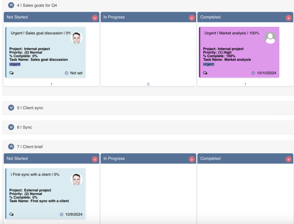 Subtasks grouped by parent task into swimlanes in the Virto Kanban Board