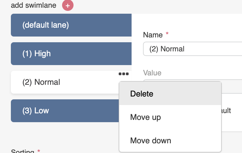 Selecting swimlanes to display, reordering them with the three dots, and adding new ones on the Kanban board