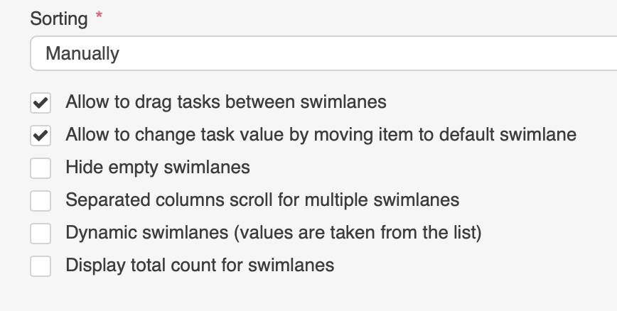 Allow to drag tasks between swimlanes checkbox that updates the task value when moved