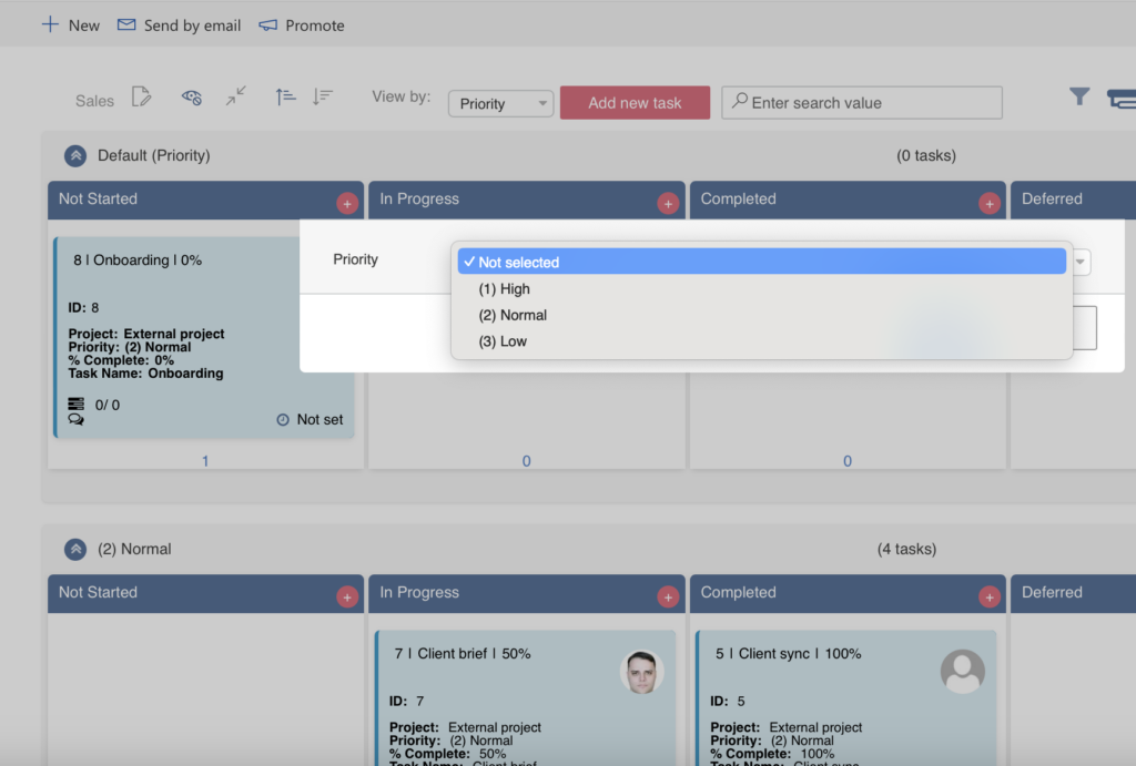 Pop-up prompting for a new priority value after moving the Onboarding task to the Default swimlane