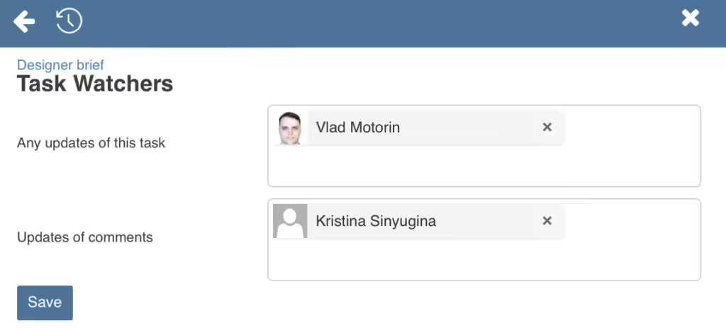 Selecting users as task watchers who receive email notifications about changes to a Virto Kanban task