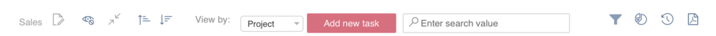 Virto Kanban toolbar with edit, hide empty swimlanes, collapse swimlanes, and ascending/descending sort buttons
