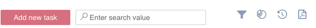 Add New Task button, search bar, and filter, charts, board history, and PDF download icons on the Virto Kanban toolbar
