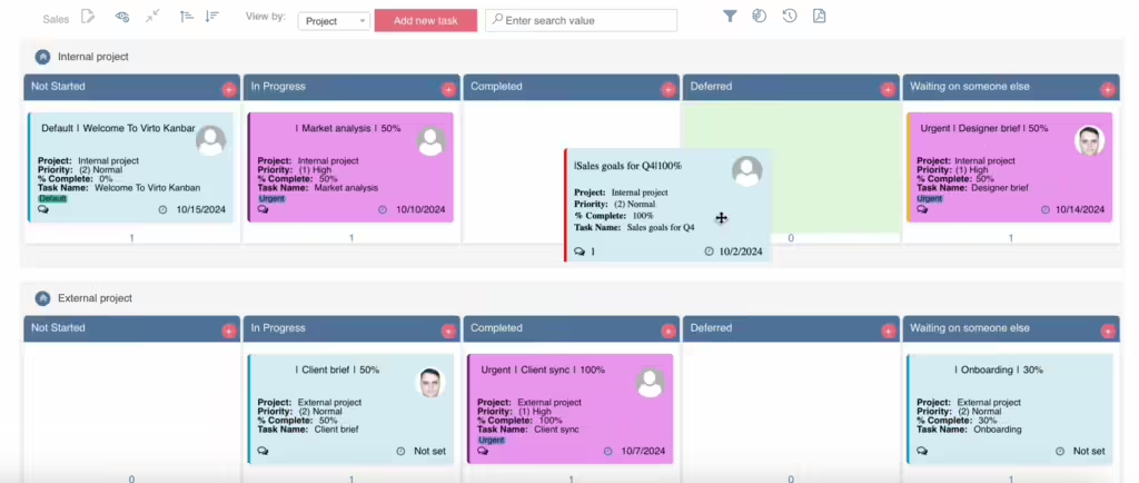 Dragging and dropping a Virto Kanban task into another column to change its status