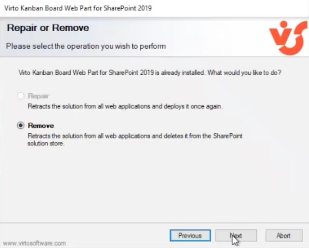 Virto Kanban Board setup wizard prompting to repair or remove the web part, with Remove selected