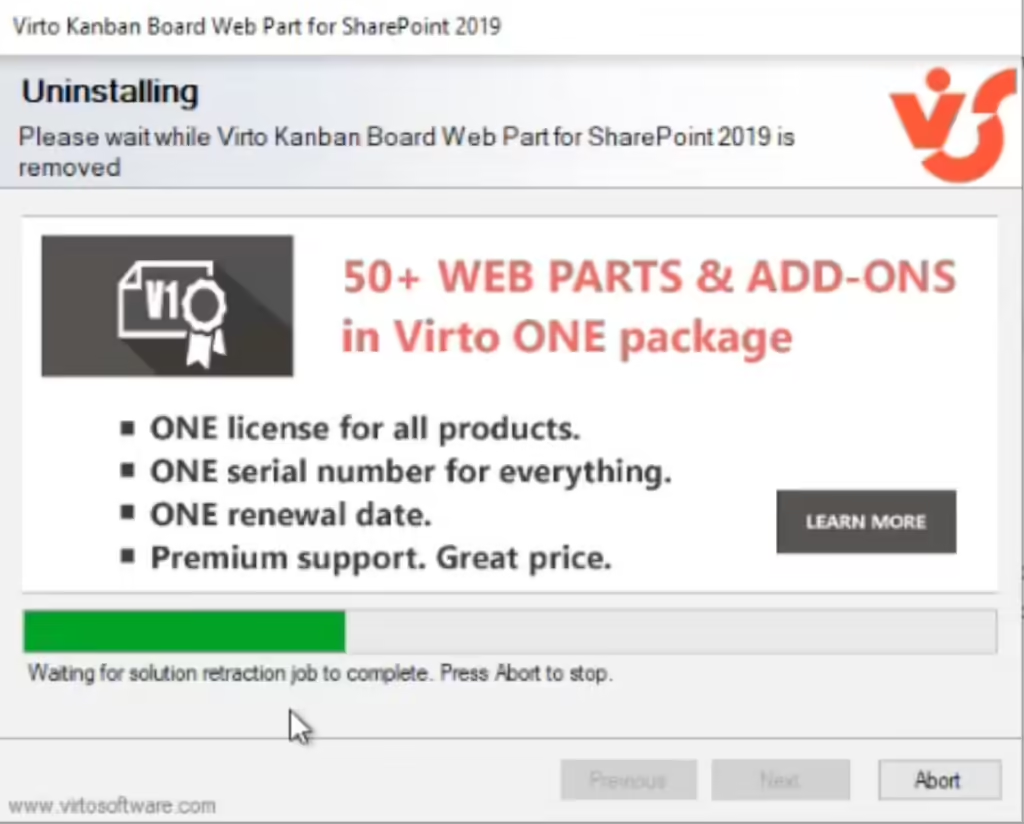 Virto Kanban Board installer showing the uninstall progress as the web part is removed