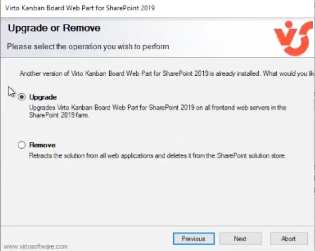 Setup wizard with the Upgrade checkbox selected for the Virto Kanban Board web part